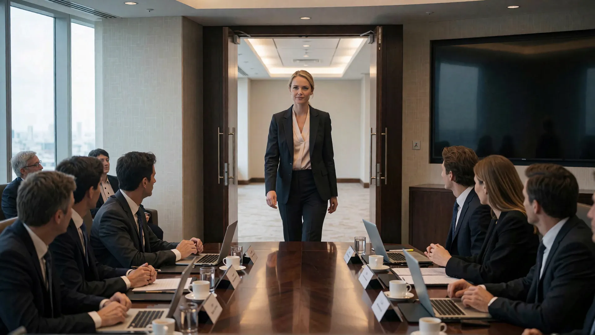 A woman in a dark navy suit walks through an open doorway into a boardroom where colleagues are seated around a long table with laptops, several of them turning to look at her