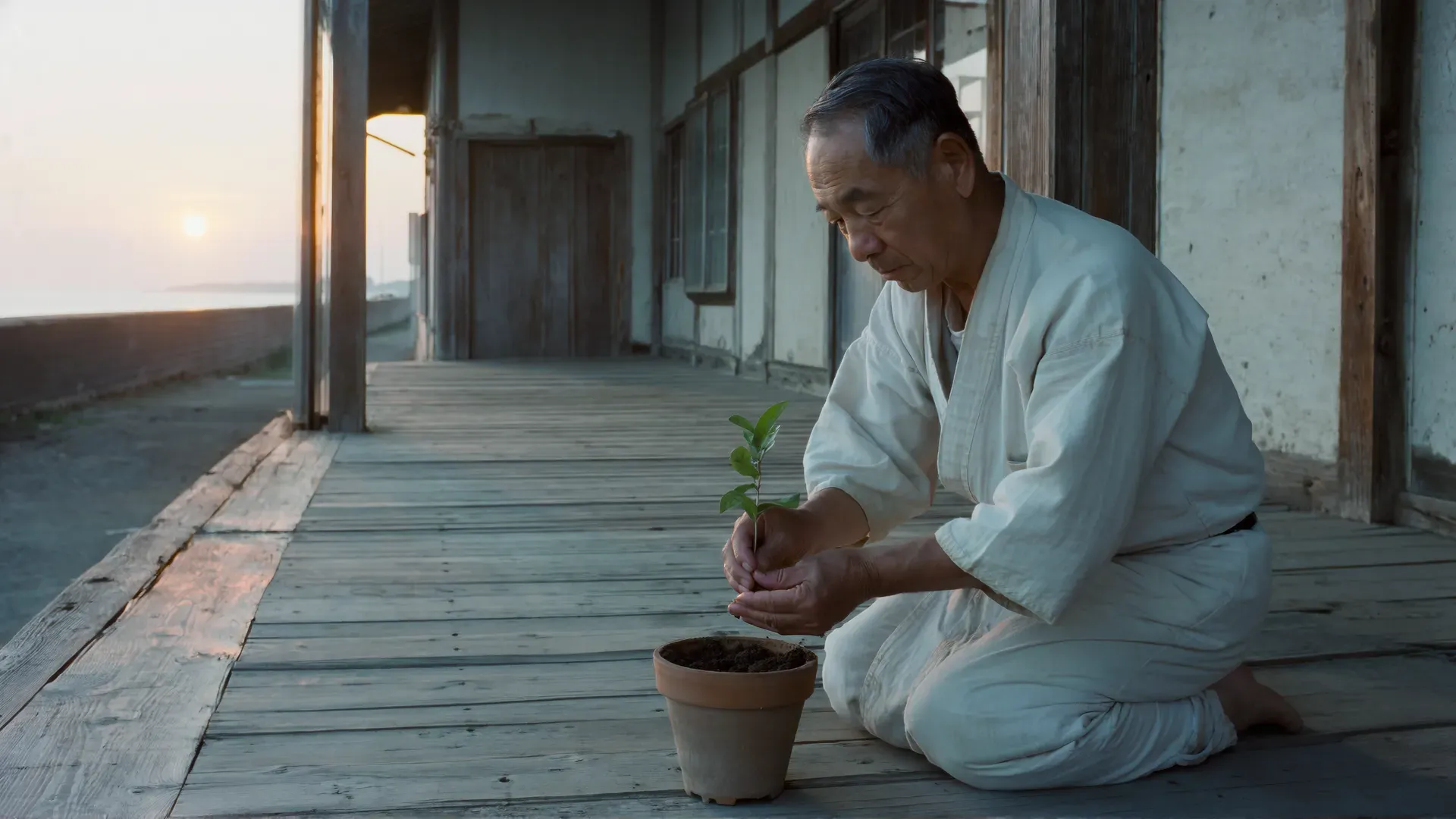 An older man in a white cotton robe kneels on the weathered wooden veranda of a spare 1950s building at dawn, holding a small seedling above a clay pot of soil, the calm sea and a low sunrise beyond him