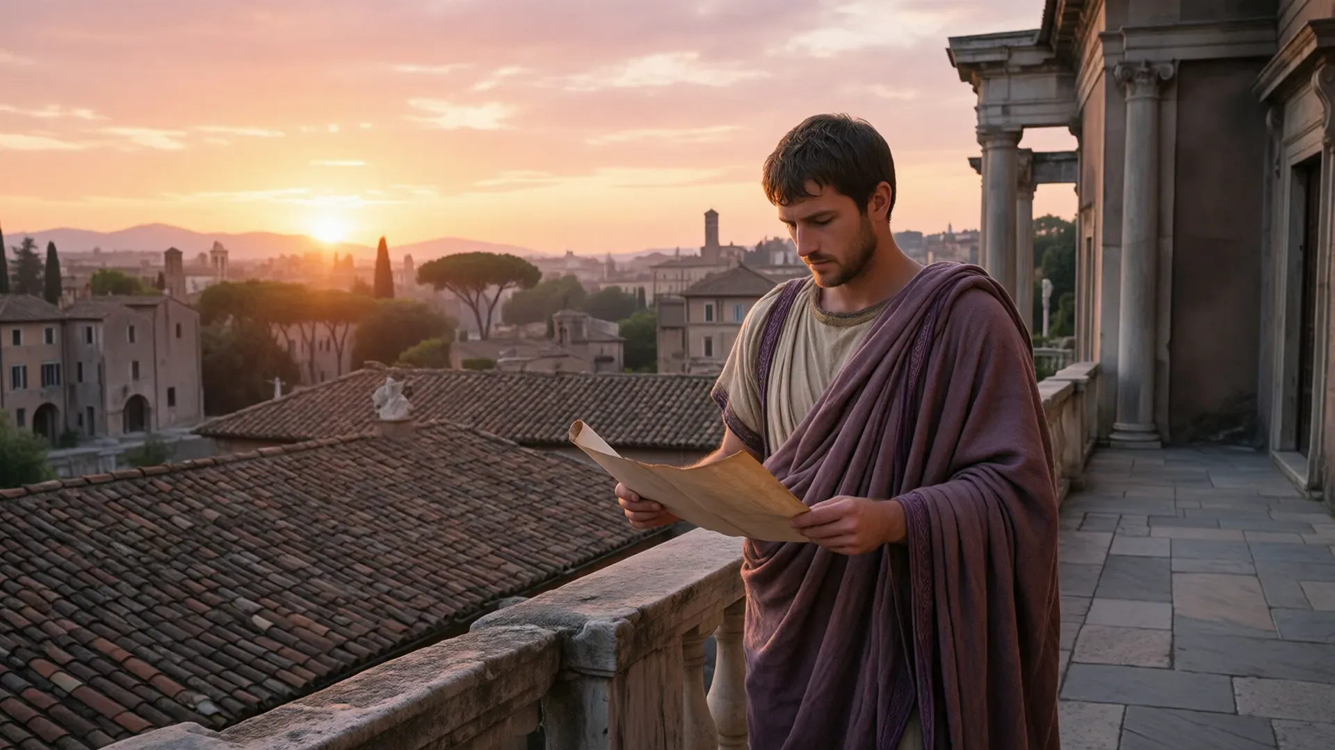 Marcus Aurelius writing at dawn on a terrace