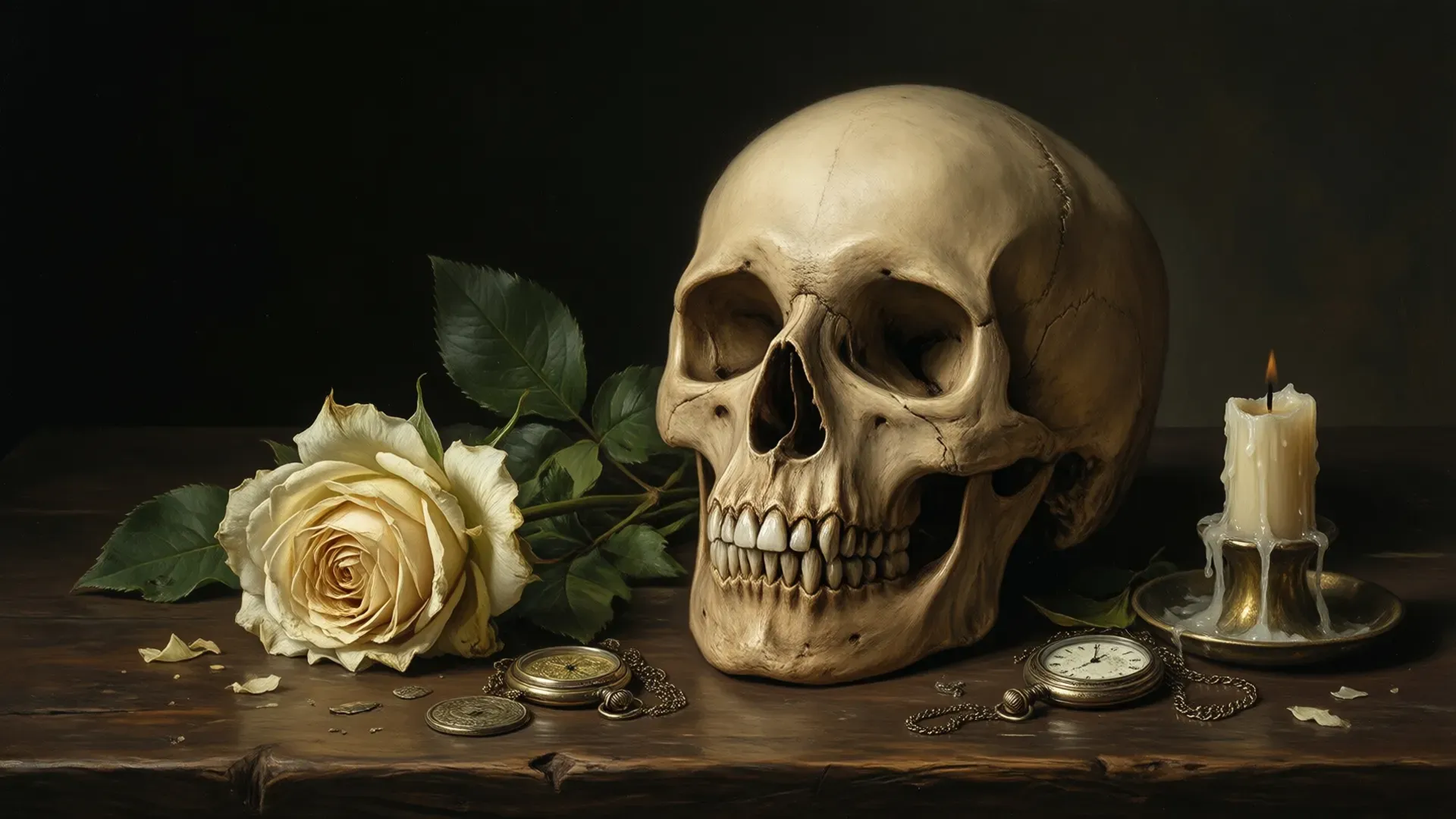 Victorian still life on a dark wooden table: human skull, wilting white rose, pocket watches on a chain, and a dripping candle — classic memento mori composition