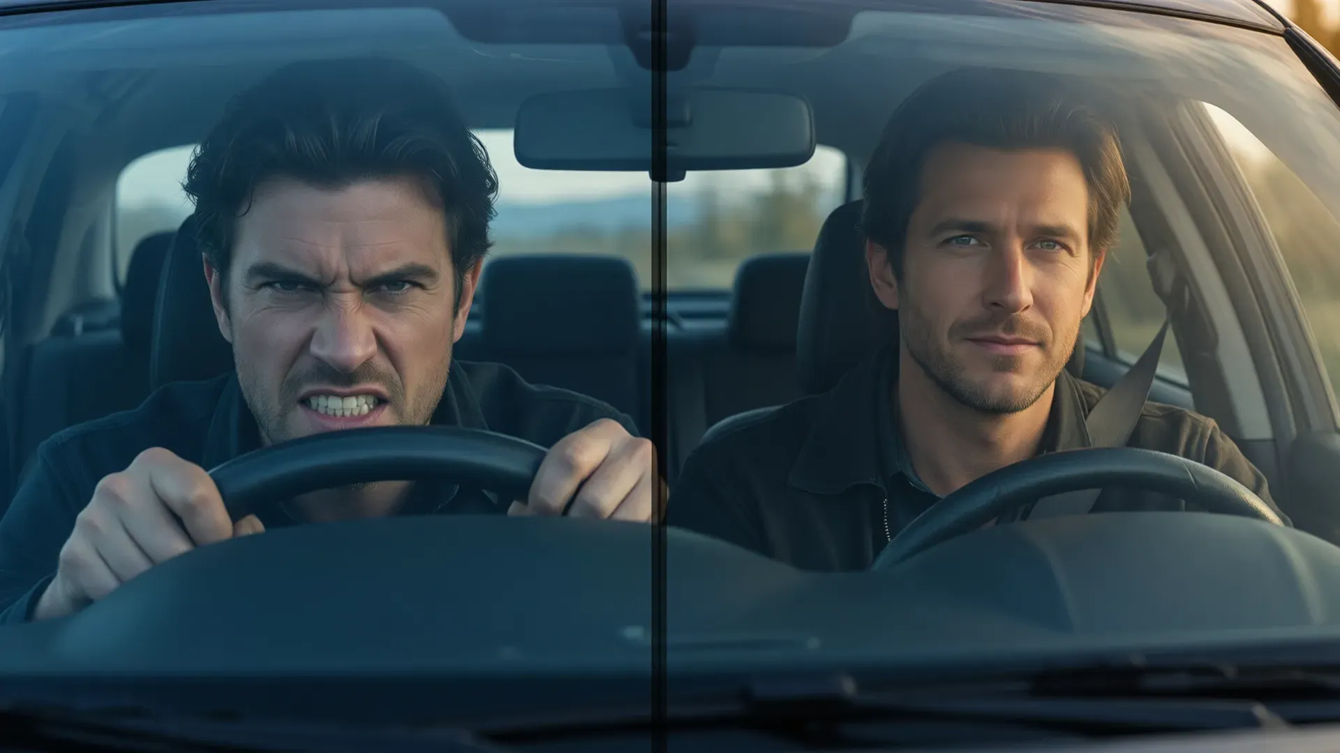 Split-screen view through a car windscreen: angry driver on the left with a cool blue-grey tint, calm driver on the right with a warm amber tint
